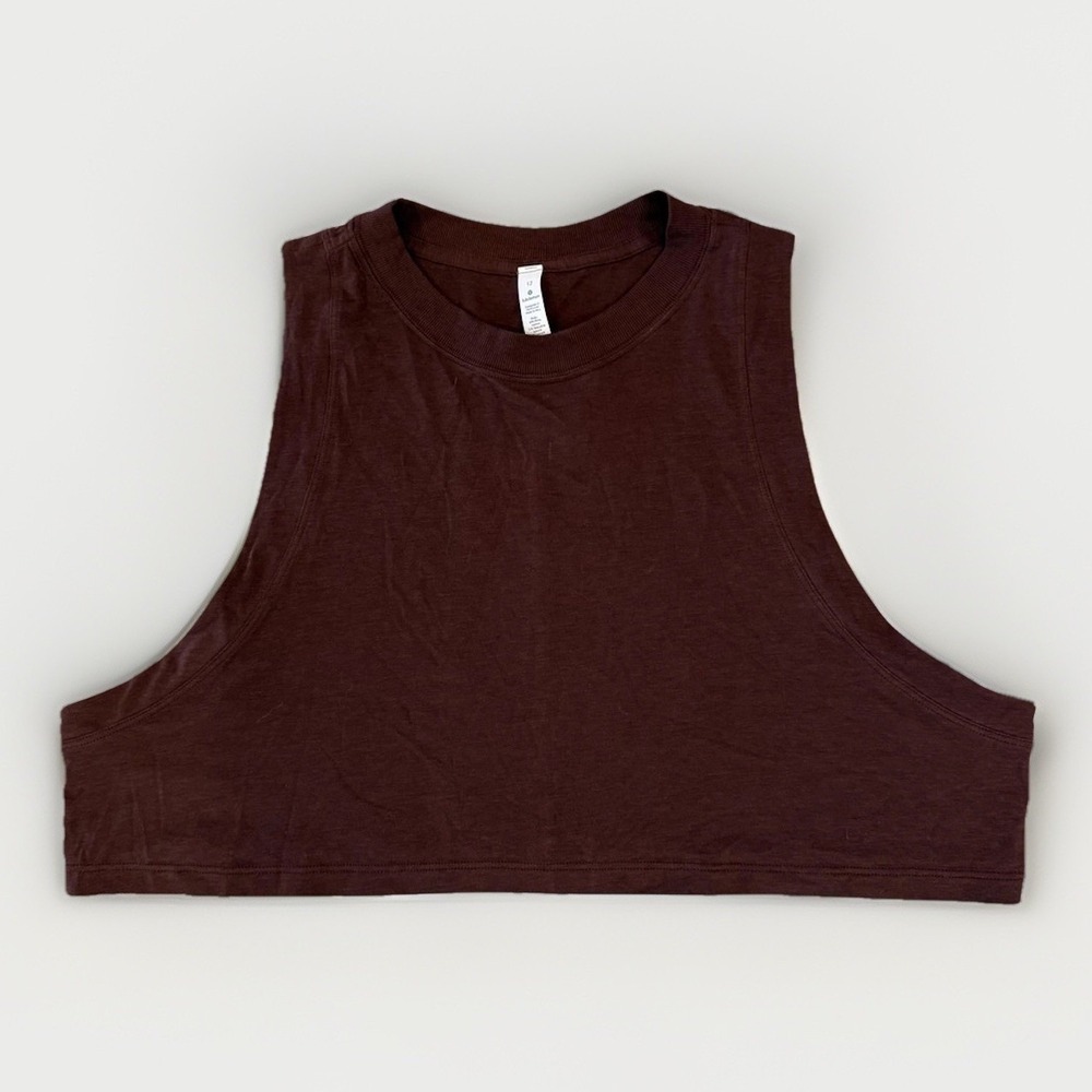 Lululemon Tank Top Womens 12 Brown Cropped Pima Cotton Open Side Logo Yoga